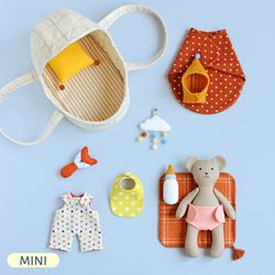2 PDF Mini Bear Doll with Baby Set and Hooded Basket Sewing Patterns Bundle
