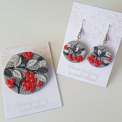 Red berries earrings & brooch/Rowan branch on a gray sky/Celebration gift for womens/Autumn Party Holiday earrings