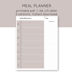 Weekyl meal planner with grocery list. Family budget. Weekly menu. Menu planner sheet. Household planner.