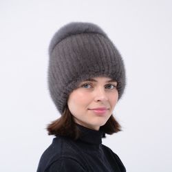 Winter Beanie Hat Women Real Mink Fur With Small Pompom Genuine Arctic Fox Fur And Soft Winter Warm Cap For Lady