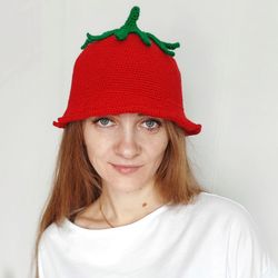 Cute summer strawberry knitted bucket crochet hat for wom , knit accessories , aesthetic hat , gift for women