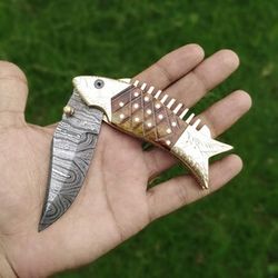 Unique Handmade Golden Fish Engraved Pocket Knife Damascus Folding Knife Bone Handle 4 Inch Knife For Gift Leather Pouch