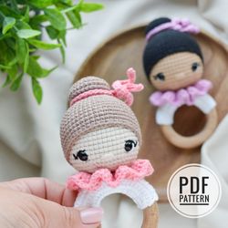 Ballerina rattle crochet pattern, amigurumi ballerina doll for newborn girl