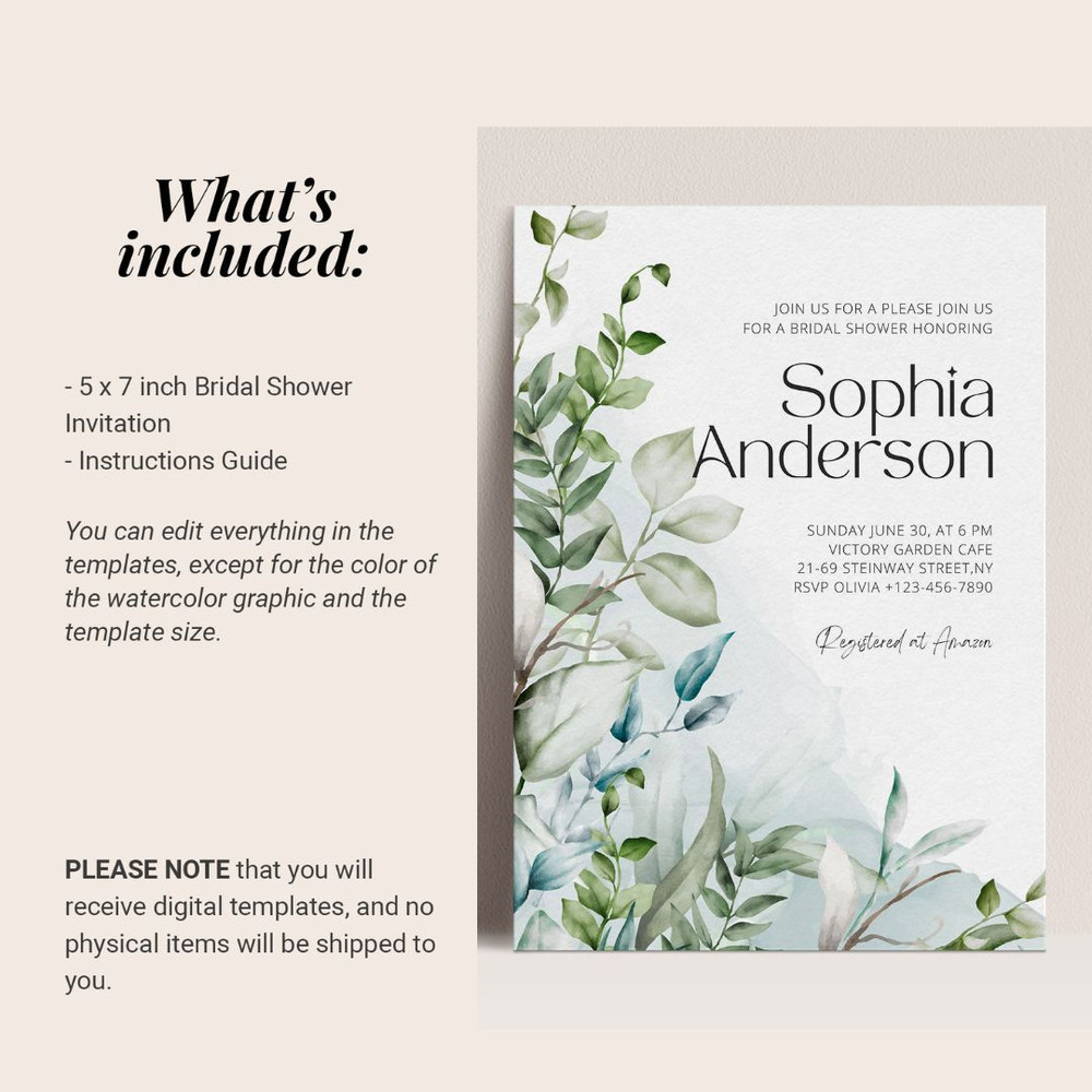 Bridal Shower Invitation Template, Editable Printable Bridal Shower Invitation Card, Botanical Watercolor, Greenery (2).jpg