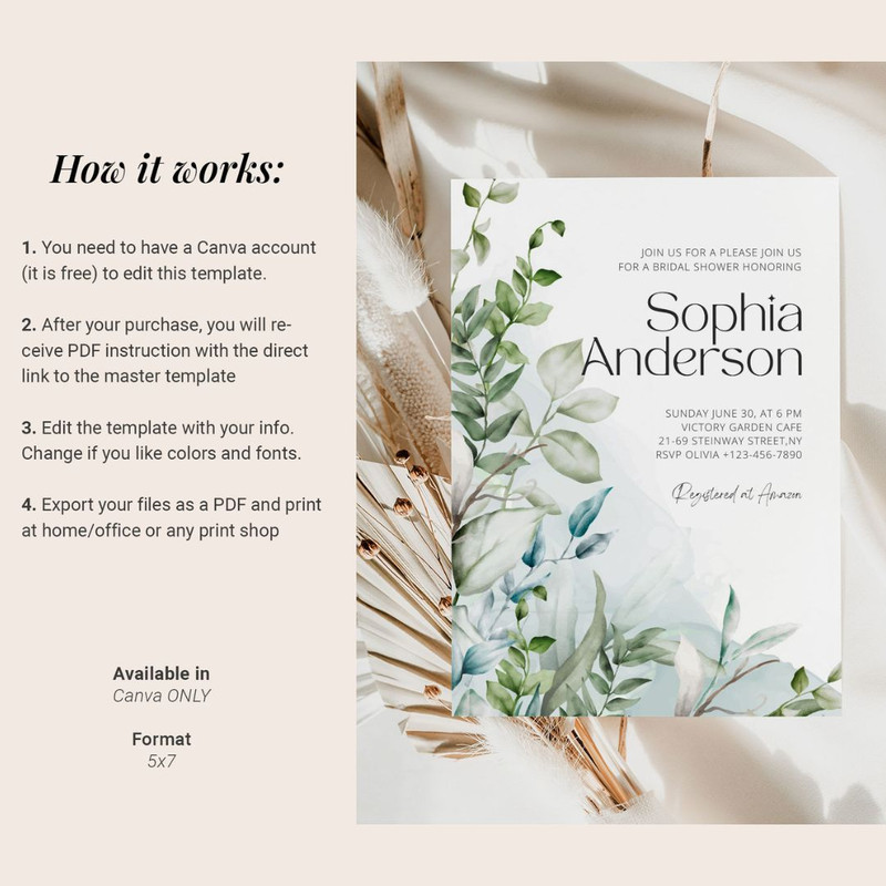 Bridal Shower Invitation Template, Editable Printable Bridal Shower Invitation Card, Botanical Watercolor, Greenery (7).jpg