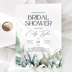 elegant botanical bridal shower invitation, greenery wedding invite floral watercolor wedding invitation romantic, canva