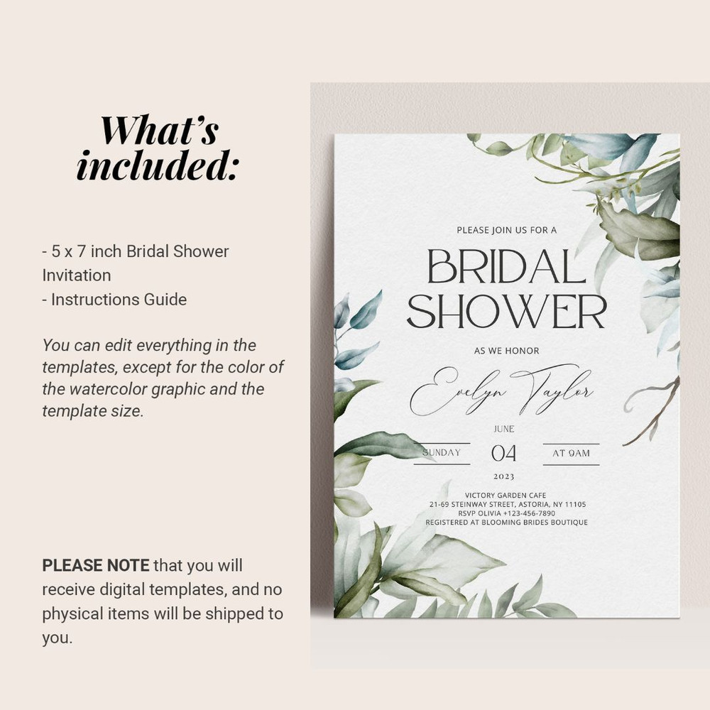 Bridal shower Invitation template, Greenery Wedding Invite, Elegant Botanical Watercolor Wedding Invitation, Editable (2).jpg