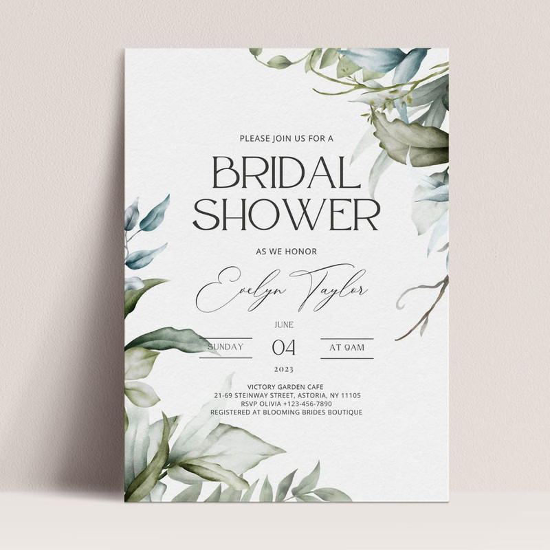Bridal shower Invitation template, Greenery Wedding Invite, Elegant Botanical Watercolor Wedding Invitation, Editable (4).jpg