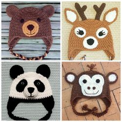 Bear, Deer, Panda, and Monkey Beanies Crochet Pattern Bundle