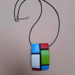 Handmade Rectangles Polymer Clay Pendant Multicolor Jewelry Woman Necklace