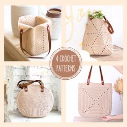 4 Crochet Bag Patterns Bundle, Round Tote bag DIY, Square Beach Bag, Grenny Square bag, Shoulder bag, gift for mom DIY