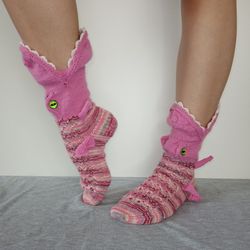 Socks - crocodiles, funny pink socks, original gift