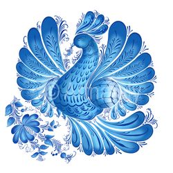 Blue bird clipart folk art painting with Flowers Set 4 files Gzhel style