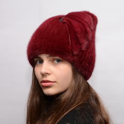 Women's Warm Fur Mink Hat Beanie Real Mink Fur And Rhinestone Decoration And Fashion Casual Knitted Fur Cap For Lady