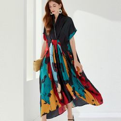 plus size loose v neck fashion ties dress