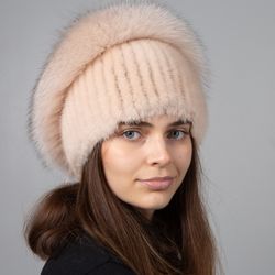 Stylish Winter Real Mink Fur Hat With Arctic Fox Pompom And Silver Fox Decoration For Lady