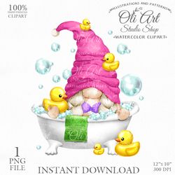 Gnome in the bathroom. Ducks, soap bubbles. Hand Drawn Graphics, Instant Download. Digital Download. OliArtStudioShop
