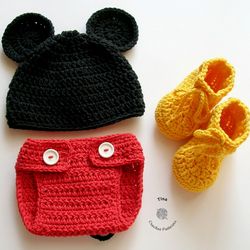 CROCHET PATTERN - Mickey Mouse Hat, Diaper Cover and Booties Set | Baby Photo Prop | Crochet Halloween Costume