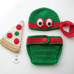 CROCHET PATTERN - Ninja Turtle Hat, Diaper Cover and Pizza Set | Baby Photo Prop | Crochet Halloween Costume