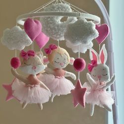 ballerina animals mobile girl, pink mobile crib, nursery mobile felt, musical mobile cot, kid mobile crib