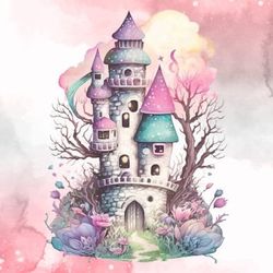 fairy tower watercolor clipart bundle