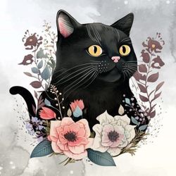 funny black cat flower watercolor