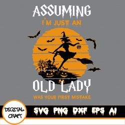funny witch svg, assuming i'm just an old lady was your first mistake svg, halloween svg, witch broom svg, halloween gif