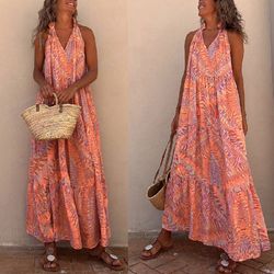 summer loose women's printed halter neck sleeveless v-neck long dress