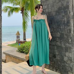 women's green loose casual suspender dress