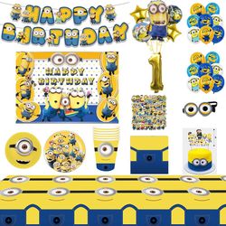Big Eye Yellow Man Birthday Decorations Cartoon Latex Foil Balloon Set Disposable Tableware Banner Kids Party Supplies