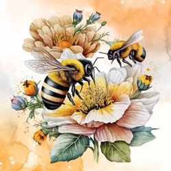 retro flowers bee watercolor clipart