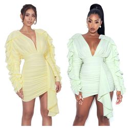 fashion low cut casual long sleeves bodycon pleated mini dress