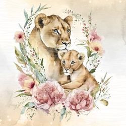 mom and baby lion watercolor clipart