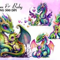colorful mom and baby dragon watercolor