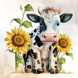 cute cow and sunflower watercolor