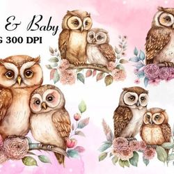 mom and baby owl watercolor clipart