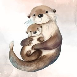 watercolor mom and baby otter clipart