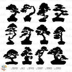 bonsai tree svg,  bonsai silhouette, bonsai cricut file, stencil template dxf, clipart png