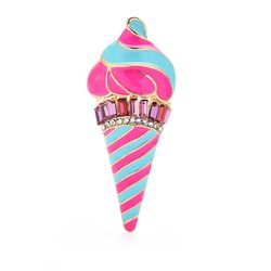 Ice cream brooch, Pink enamel crystal jewelry pin, Gift for woman, Modern accessories, Statement