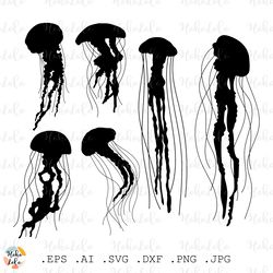 jellyfish svg, jellyfish silhouette, jellyfish cricut file, stencil template dxf, clipart png, sea animals svg