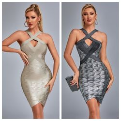 fashion sleeveless sexy bronzing halter neck sheath dress for women