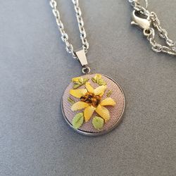 Ribbon embroidered sunflower on pendant, 4th wedding anniversary gift, custom embroidery bouquet