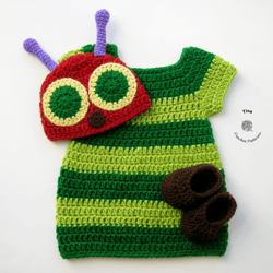 CROCHET PATTERN - Hungry Caterpillar Hat, Dress and Shoes Outfit | Baby Girl Photo Prop | Crochet Halloween Costume