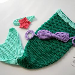 CROCHET PATTERN - Baby Mermaid Headband, Top and Tail Set | Ariel Photo Prop | Crochet Halloween Costume