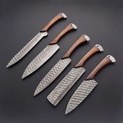 5 Pieces Handmade Damascus Steel Kitchen Knife chef's Knife Set Forging Mark Blades And Leather Roll, Personalized Chef