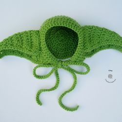 CROCHET PATTERN - Yoda Baby Bonnet | Crochet Green Alien Halloween Hat | Newborn Photo Prop | Sizes 0 -12 Months