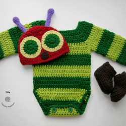 CROCHET PATTERN - Caterpillar Baby Hat, Romper and Booties Set | Baby Photo Prop | Crochet Halloween Costume