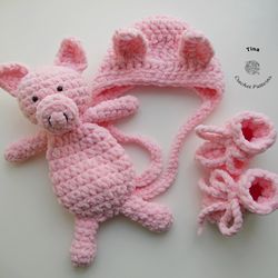 HANDMADE Piglet Bonnet, Booties and Toy Set | Newborn Photo Prop | Baby Shower Gift | Crochet Animal