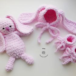 HANDMADE Bunny Bonnet, Booties and Toy Set | Easter Photo Prop | Baby Shower Gift | Crochet Animal