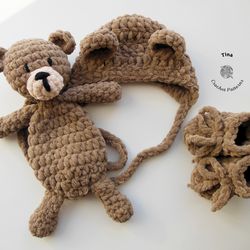 HANDMADE Teddy Bear Bonnet, Booties and Toy Set | Newborn Photo Prop | Baby Shower Gift | Crochet Animal